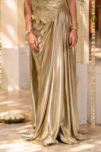 Buy_Label Lila_Gold Crepe, Lycra Asymmetric Neck, One Grace Embroidered Top With Draped Skirt _Online_at_Aza_Fashions