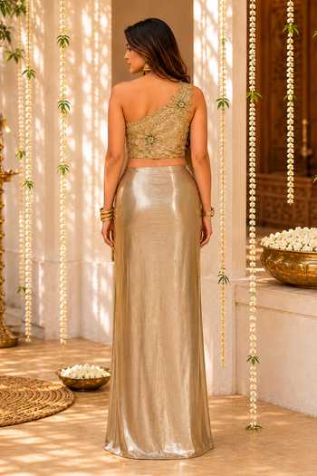 Shop_Label Lila_Gold Crepe, Lycra Asymmetric Neck, One Grace Embroidered Top With Draped Skirt _at_Aza_Fashions