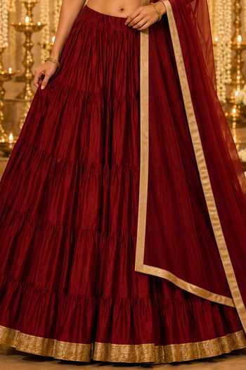 Buy_Label Lila_Maroon Cotton V-neck Gathered Lehenga Set _Online_at_Aza_Fashions