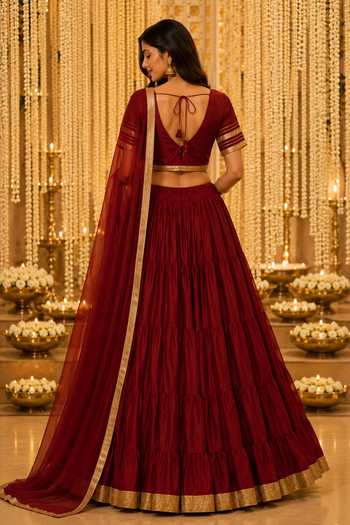 Shop_Label Lila_Maroon Cotton V-neck Gathered Lehenga Set _at_Aza_Fashions