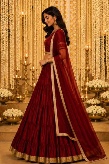 Shop_Label Lila_Maroon Cotton V-neck Gathered Lehenga Set _Online_at_Aza_Fashions