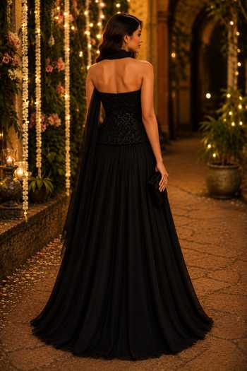 Shop_Label Lila_Black Silk, Georgette Sequins Bandeau Neck Onyx Embellished Corset Lehenga Set _at_Aza_Fashions