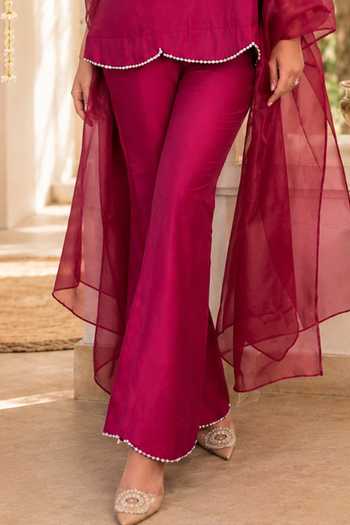 Label Lila_Magenta Silk, Organza Split V-neck, Yes Ruby Scallop Hem Kurta Set _Online_at_Aza_Fashions