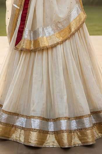 Label Lila_Ivory Chanderi V-neck Contrast Border Lehenga Set _Online_at_Aza_Fashions