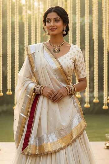 Buy_Label Lila_Ivory Chanderi V-neck Contrast Border Lehenga Set _Online_at_Aza_Fashions