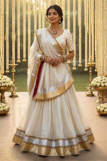 Buy_Label Lila_Ivory Chanderi V-neck Contrast Border Lehenga Set _at_Aza_Fashions
