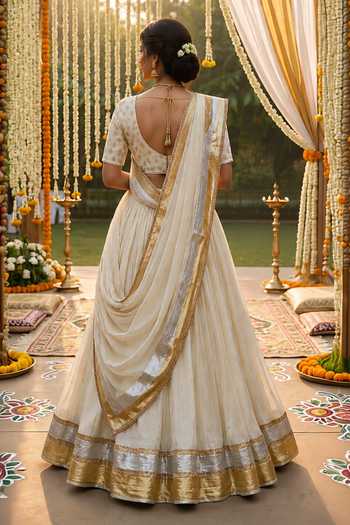 Shop_Label Lila_Ivory Chanderi V-neck Contrast Border Lehenga Set _at_Aza_Fashions