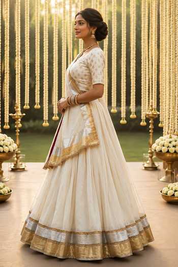 Shop_Label Lila_Ivory Chanderi V-neck Contrast Border Lehenga Set _Online_at_Aza_Fashions
