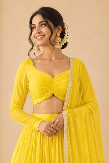Label Lila_Yellow Georgette Sweetheart Neck Topaz Gathered Lehenga Set _Online_at_Aza_Fashions