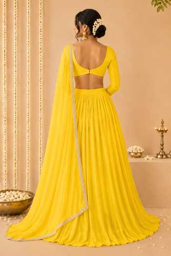Shop_Label Lila_Yellow Georgette Sweetheart Neck Topaz Gathered Lehenga Set _at_Aza_Fashions