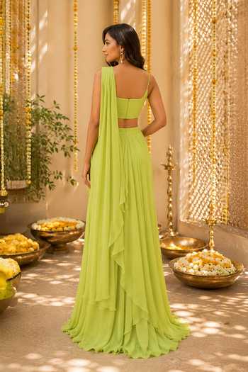 Shop_Label Lila_Green Georgette Sweetheart Neck Ruffle Pre-draped Saree Set _at_Aza_Fashions
