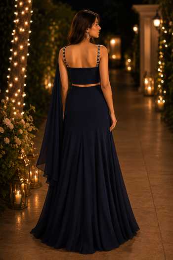 Shop_Label Lila_Blue Crepe Square Neck Sapphire Embellished Blouse Lehenga Set _at_Aza_Fashions