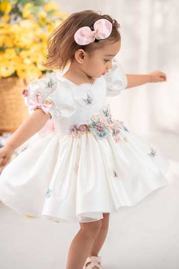 Ruchika Lath Label_White Satin, Tulle Flora Butterfly Dress With Hair Accessory _Online_at_Aza_Fashions