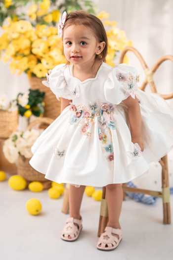 Ruchika Lath Label_White Satin, Tulle Flora Butterfly Dress With Hair Accessory _at_Aza_Fashions