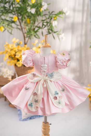 Shop_Ruchika Lath Label_Pink Satin, Tulle Flora Butterfly Dress With Hair Accessory _at_Aza_Fashions