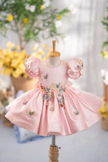Buy_Ruchika Lath Label_Pink Satin, Tulle Flora Butterfly Dress With Hair Accessory _Online_at_Aza_Fashions