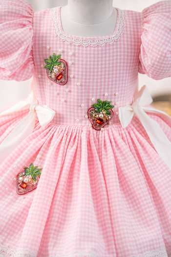 Ruchika Lath Label_Pink Cotton, Taffeta Berry First Birthday Dress With Hair Accessory _Online_at_Aza_Fashions