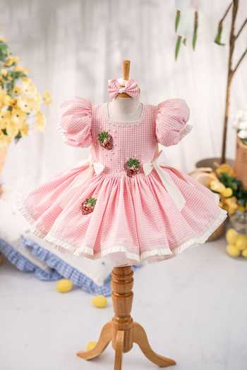 Buy_Ruchika Lath Label_Pink Cotton, Taffeta Berry First Birthday Dress With Hair Accessory _Online_at_Aza_Fashions