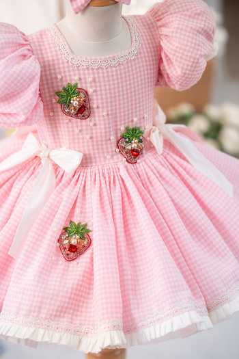 Ruchika Lath Label_Pink Cotton, Taffeta Berry First Birthday Dress With Hair Accessory _Online