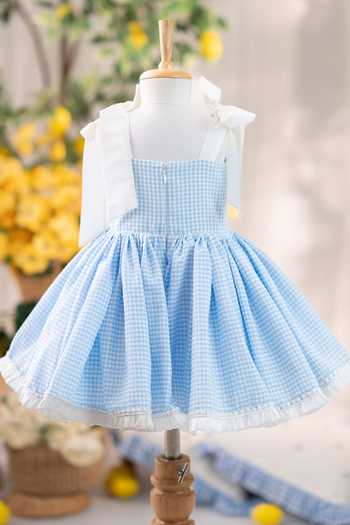 Shop_Ruchika Lath Label_Blue Cotton, Taffeta Lemon Gingham Dress With Hair Accessory _at_Aza_Fashions