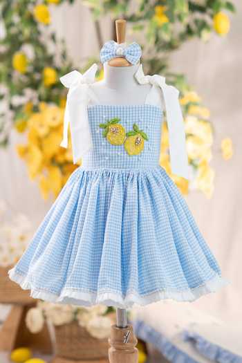 Buy_Ruchika Lath Label_Blue Cotton, Taffeta Lemon Gingham Dress With Hair Accessory _at_Aza_Fashions