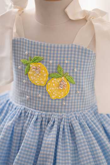 Ruchika Lath Label_Blue Cotton, Taffeta Lemon Gingham Dress With Hair Accessory _at_Aza_Fashions