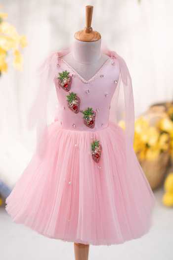 Shop_Ruchika Lath Label_Pink Satin, Tulle Strawberry Tie Up Dress With Hair Accessory _Online_at_Aza_Fashions