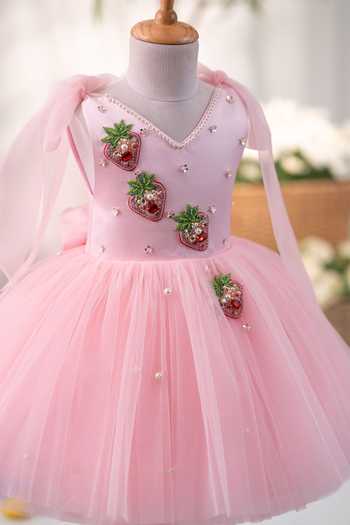 Ruchika Lath Label_Pink Satin, Tulle Strawberry Tie Up Dress With Hair Accessory _at_Aza_Fashions