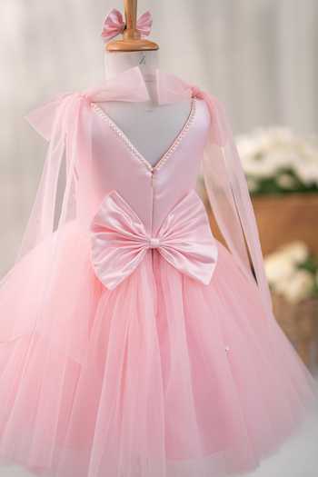 Shop_Ruchika Lath Label_Pink Satin, Tulle Mickey Clubhouse Tie-up Dress With Hair Accessory _at_Aza_Fashions