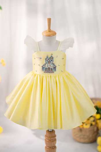 Shop_Ruchika Lath Label_Yellow Taffeta, Tulle Princess Castle Hand Embroidered Dress _Online_at_Aza_Fashions