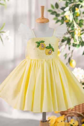 Shop_Ruchika Lath Label_Yellow Tulle, Taffeta Lemon Hand Embroidered Dress _at_Aza_Fashions