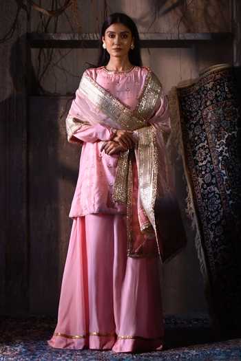 Shop_Shorshe Clothing_Pink Tissue Amina Embellished Border Dupatta _at_Aza_Fashions