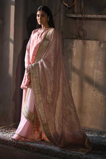 Shorshe Clothing_Pink Tissue Amina Embellished Border Dupatta _Online_at_Aza_Fashions