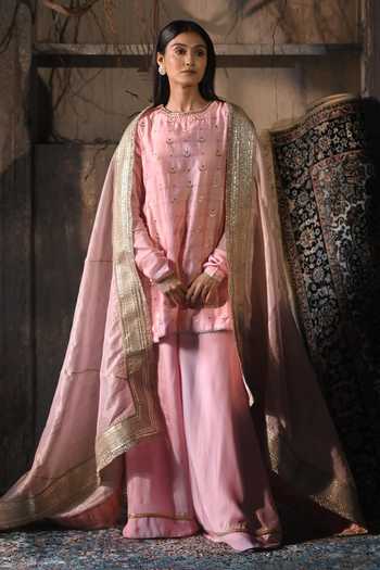 Buy_Shorshe Clothing_Pink Tissue Amina Embellished Border Dupatta _at_Aza_Fashions