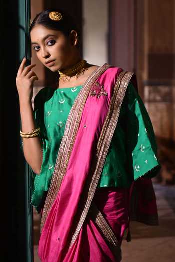 Shorshe Clothing_Green Brocade Round Neck Chandphool Kaftan Top _Online_at_Aza_Fashions