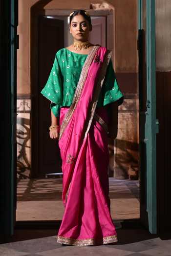 Buy_Shorshe Clothing_Green Brocade Round Neck Chandphool Kaftan Top _at_Aza_Fashions