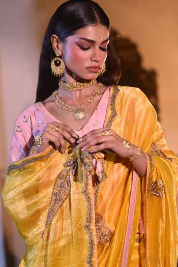 Shorshe Clothing_Pink Brocade V-neck Chandphool Kediya Blouse _Online_at_Aza_Fashions