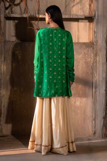 Shop_Shorshe Clothing_Emerald Green Silk, Brocade Round Neck Chandphool Shabana Kurta And Gharara Set _at_Aza_Fashions