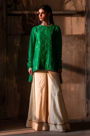 Shop_Shorshe Clothing_Emerald Green Silk, Brocade Round Neck Chandphool Shabana Kurta And Gharara Set _Online_at_Aza_Fashions