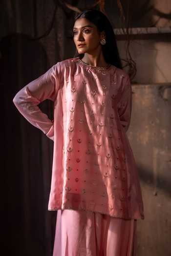 Shorshe Clothing_Pink Silk, Brocade Round Neck Chandphool Shabana Kurta With Gharara _Online_at_Aza_Fashions
