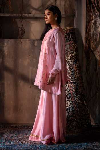 Shorshe Clothing_Pink Silk, Brocade Round Neck Chandphool Shabana Kurta With Gharara _at_Aza_Fashions