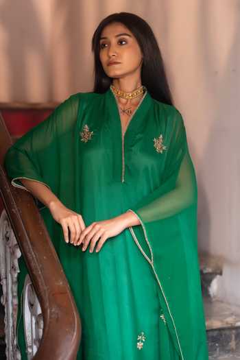 Buy_Shorshe Clothing_Green Chiffon V-neck Embroidered Kaftan And Palazzo Set _Online_at_Aza_Fashions