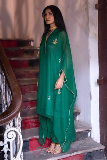 Shop_Shorshe Clothing_Green Chiffon V-neck Embroidered Kaftan And Palazzo Set _Online_at_Aza_Fashions