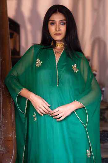 Shorshe Clothing_Green Chiffon V-neck Embroidered Kaftan And Palazzo Set _at_Aza_Fashions