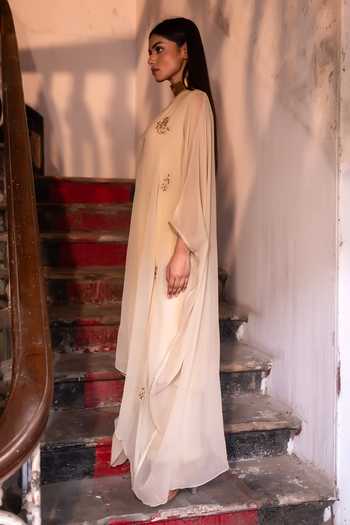 Shorshe Clothing_Ivory Chiffon V-neck Embroidered Kaftan With Pallazzo _Online_at_Aza_Fashions