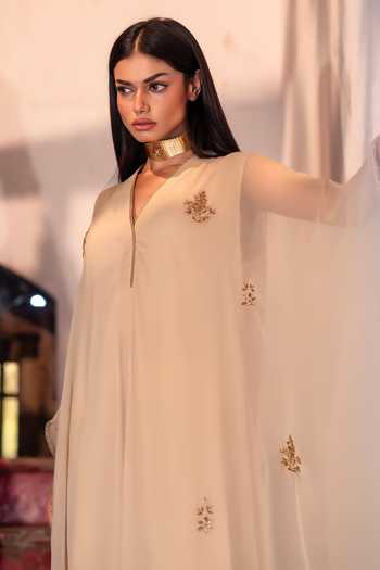 Shop_Shorshe Clothing_Ivory Chiffon V-neck Embroidered Kaftan With Pallazzo _Online_at_Aza_Fashions