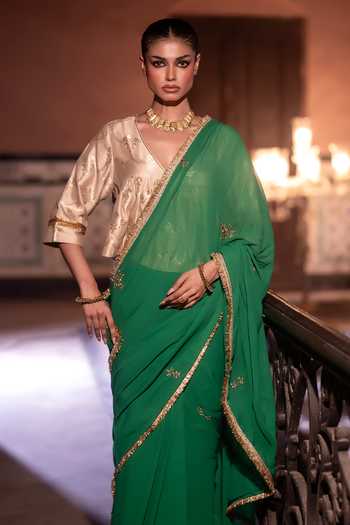 Shorshe Clothing_Green Georgette Gota Phool Saree _Online_at_Aza_Fashions