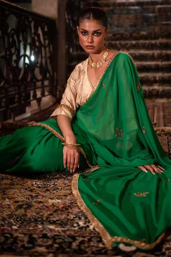 Buy_Shorshe Clothing_Green Georgette Gota Phool Saree _Online_at_Aza_Fashions