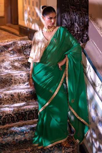 Shop_Shorshe Clothing_Green Georgette Gota Phool Saree _Online_at_Aza_Fashions
