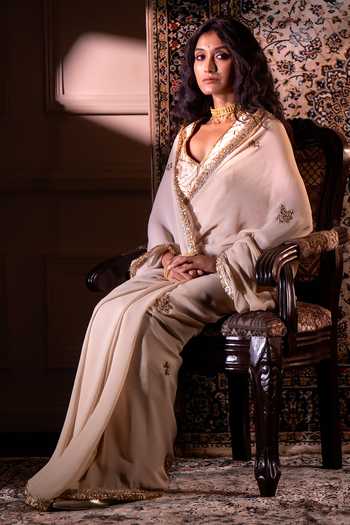 Shorshe Clothing_Ivory Georgette Gota Phool Embroidered Saree _Online_at_Aza_Fashions